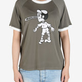 Grey tee worn by a person, showing the 
 tee's fit