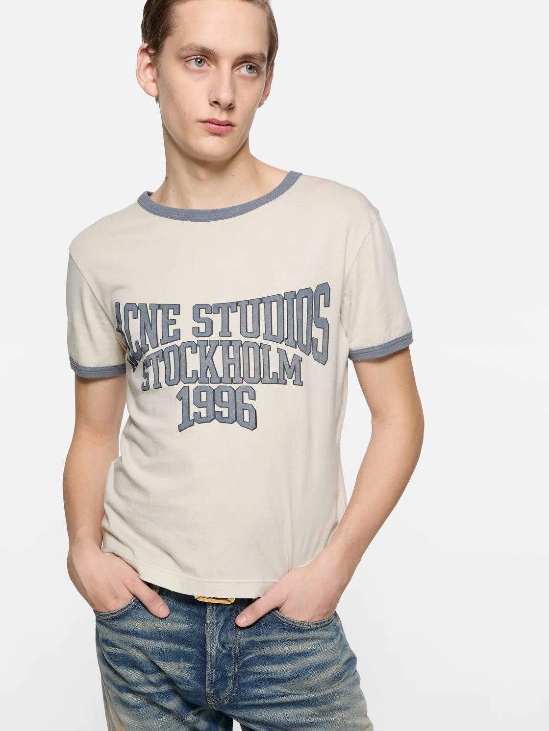 Tan t-shirt, full body view