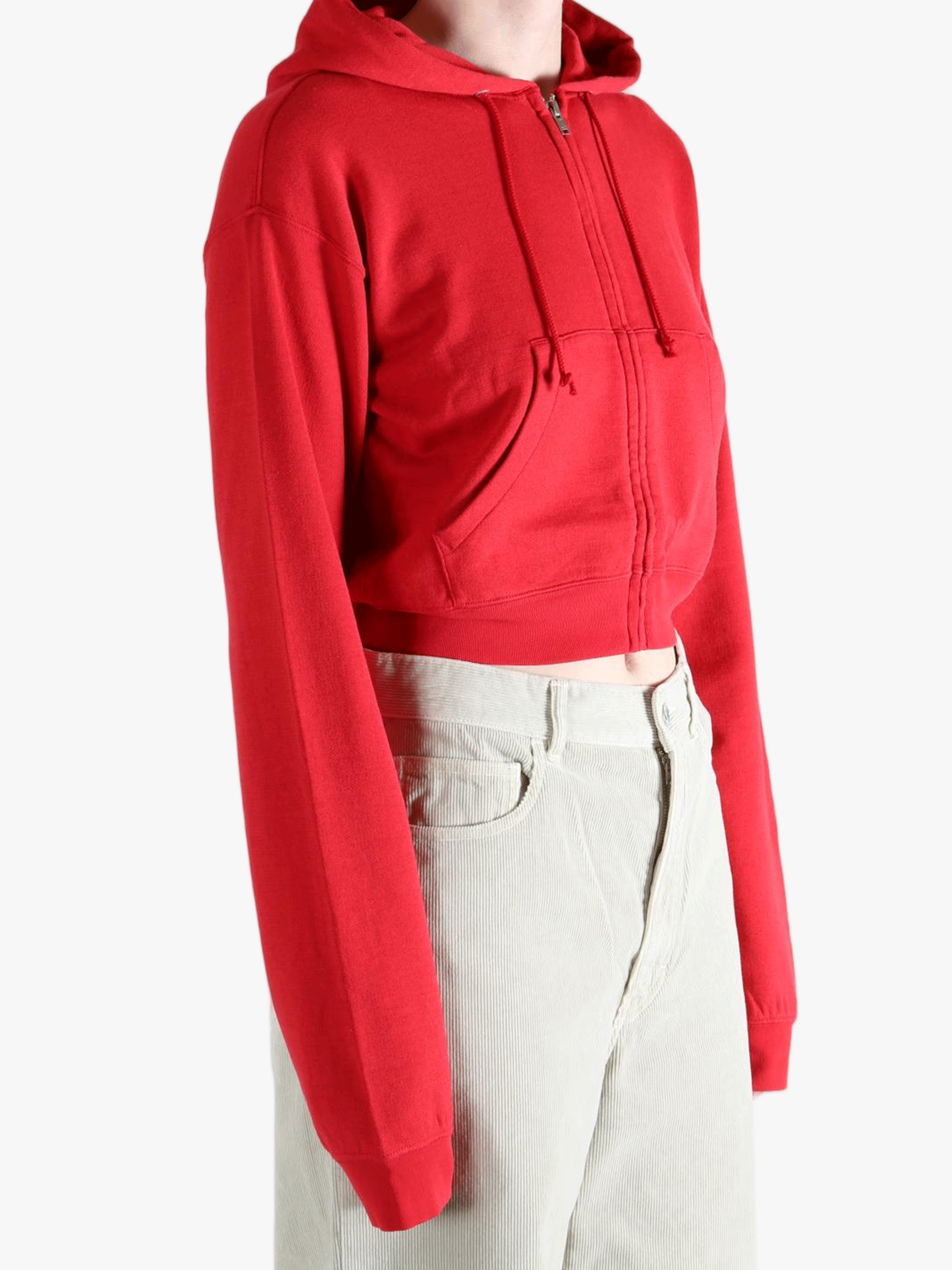 Red hoodie worn by a person, showing the hoodie's fit