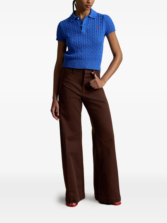 Blue knitted polo shirt,full body view