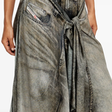 Close up of the black pants, showing texture of the viscose fabric