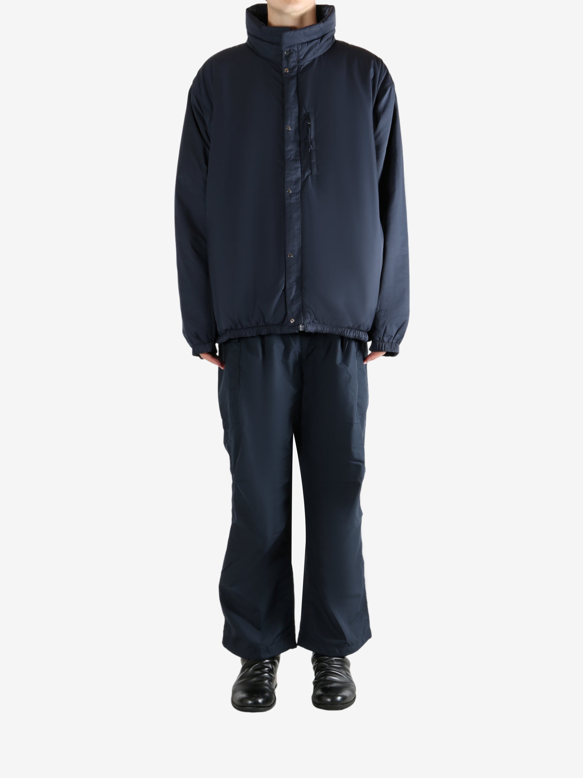 Navy jacket, full body view