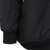 Close up of black jackets and coats, showing texture of the fabric