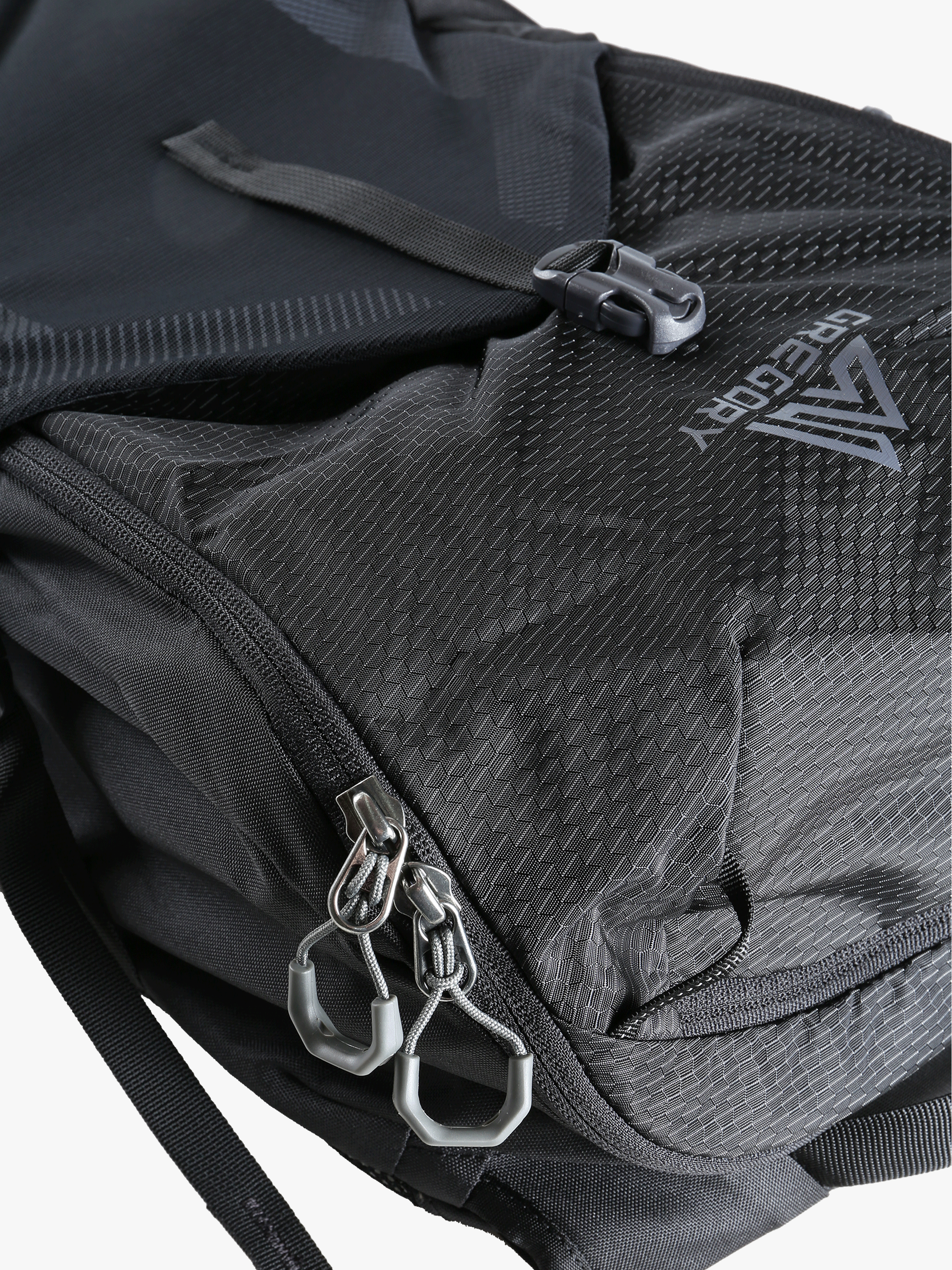 Close up of black backpack, showing texture of the Nylon fabric