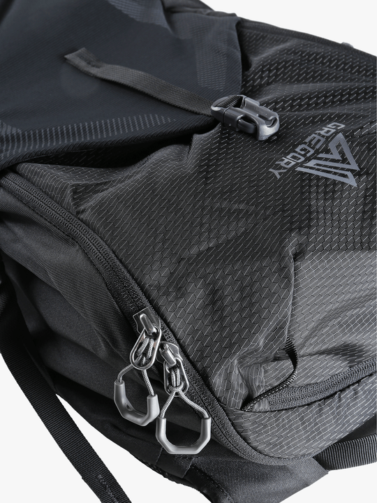 Close up of black backpack, showing texture of the Nylon fabric