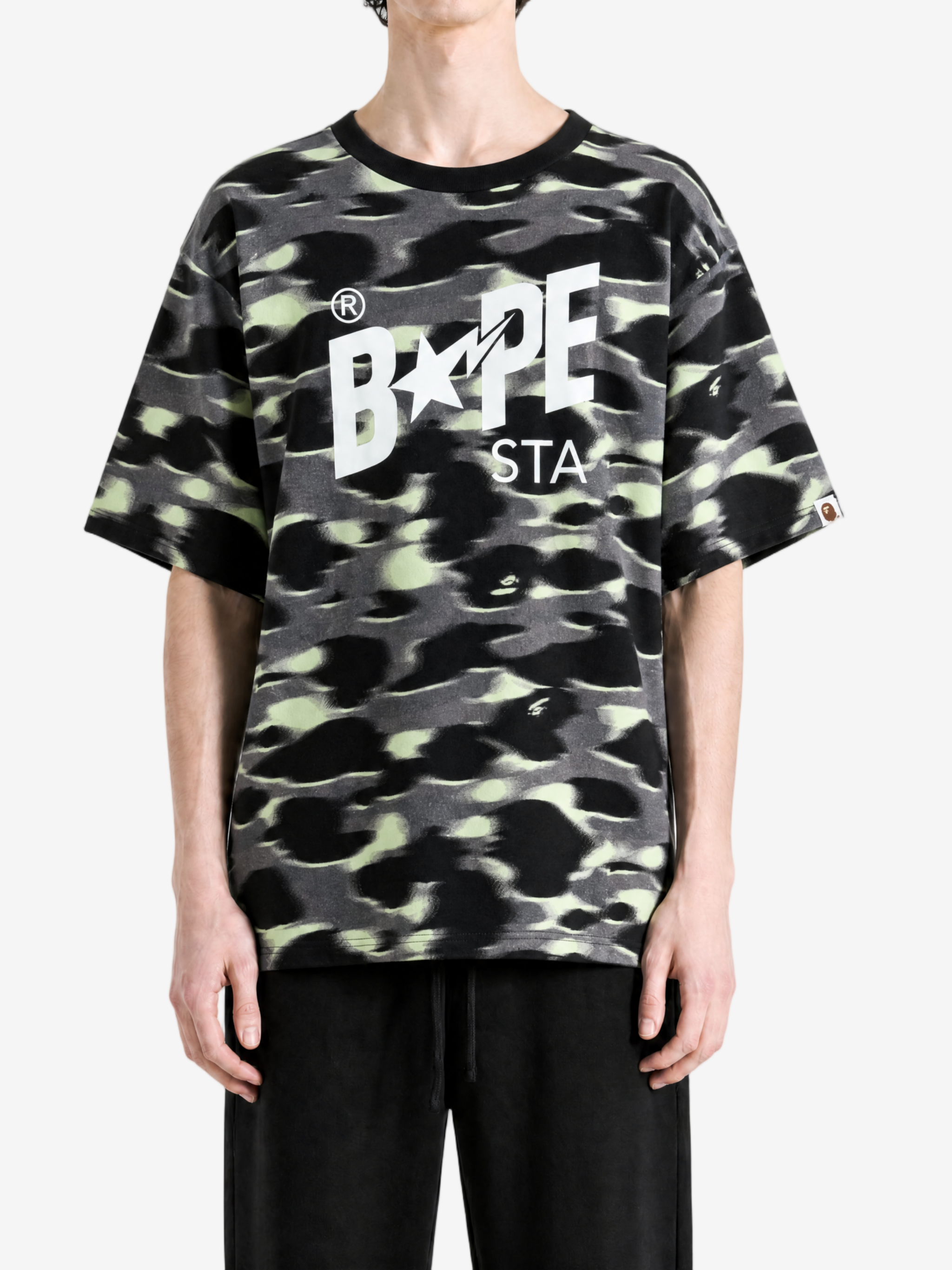 Black t-shirt, full body view