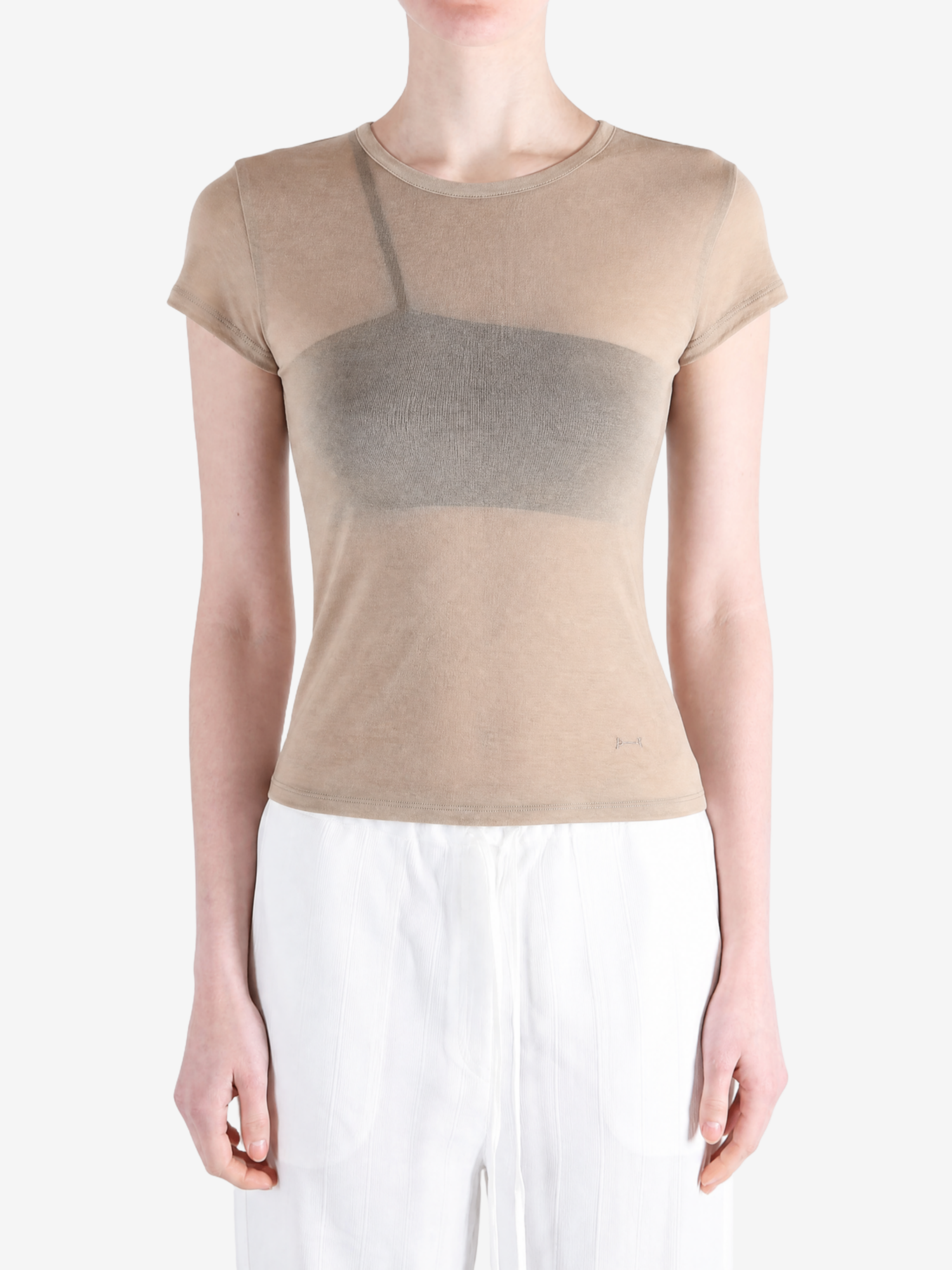 Tan t-shirt worn by a person, showing the t-shirt fit