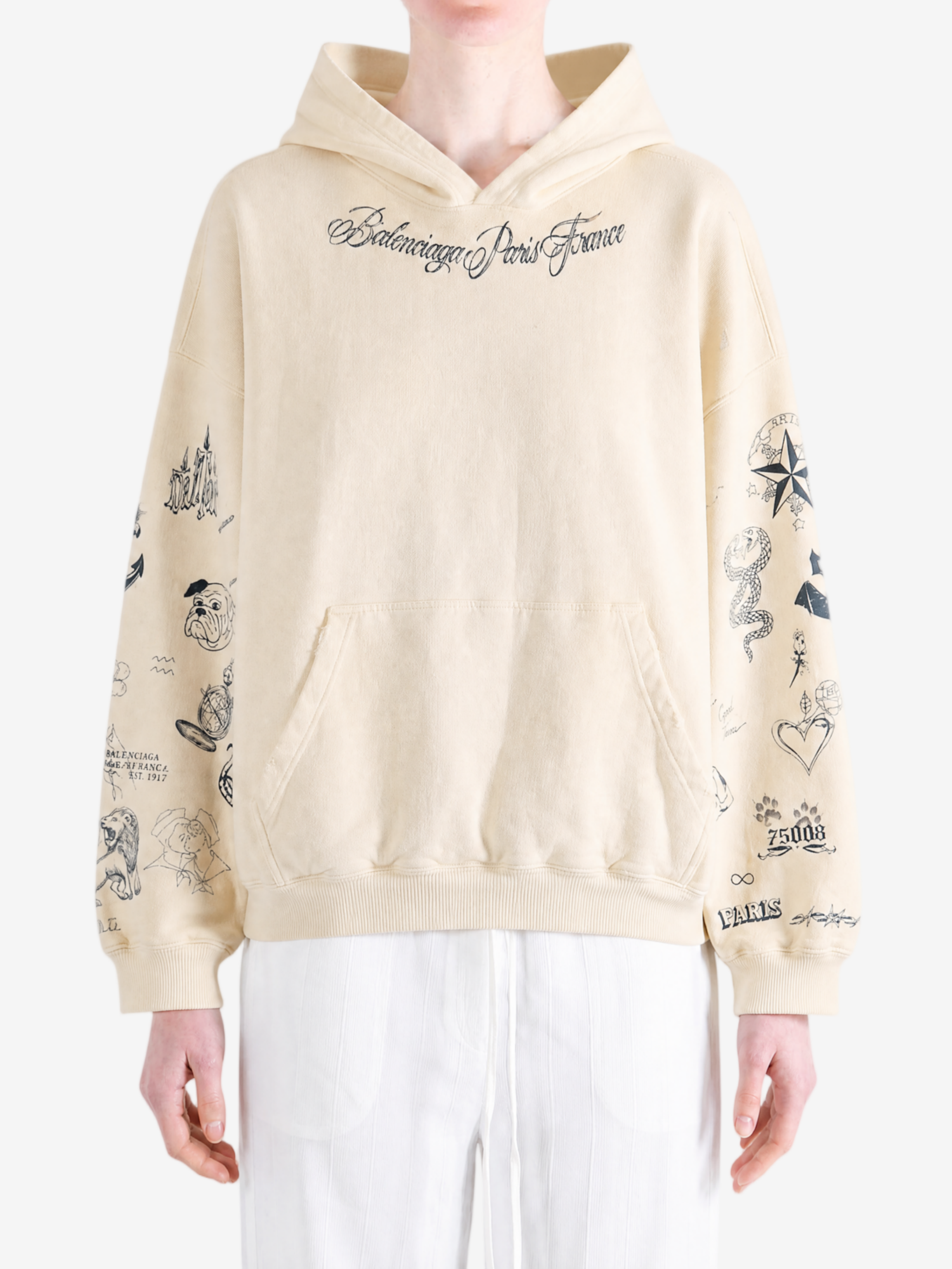 Tan hoodie, full body view