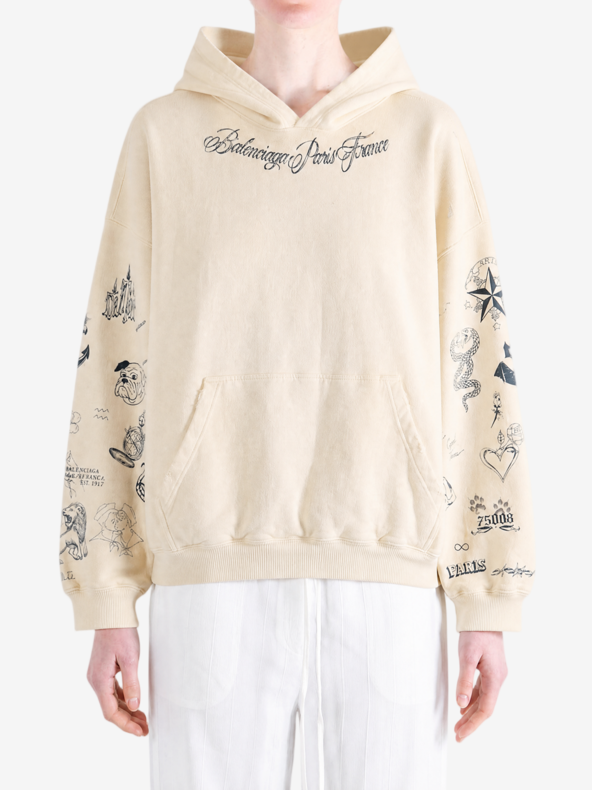 Tan hoodie, full body view