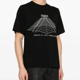 Black t-shirt worn by a person, showing the t-shirt's fit