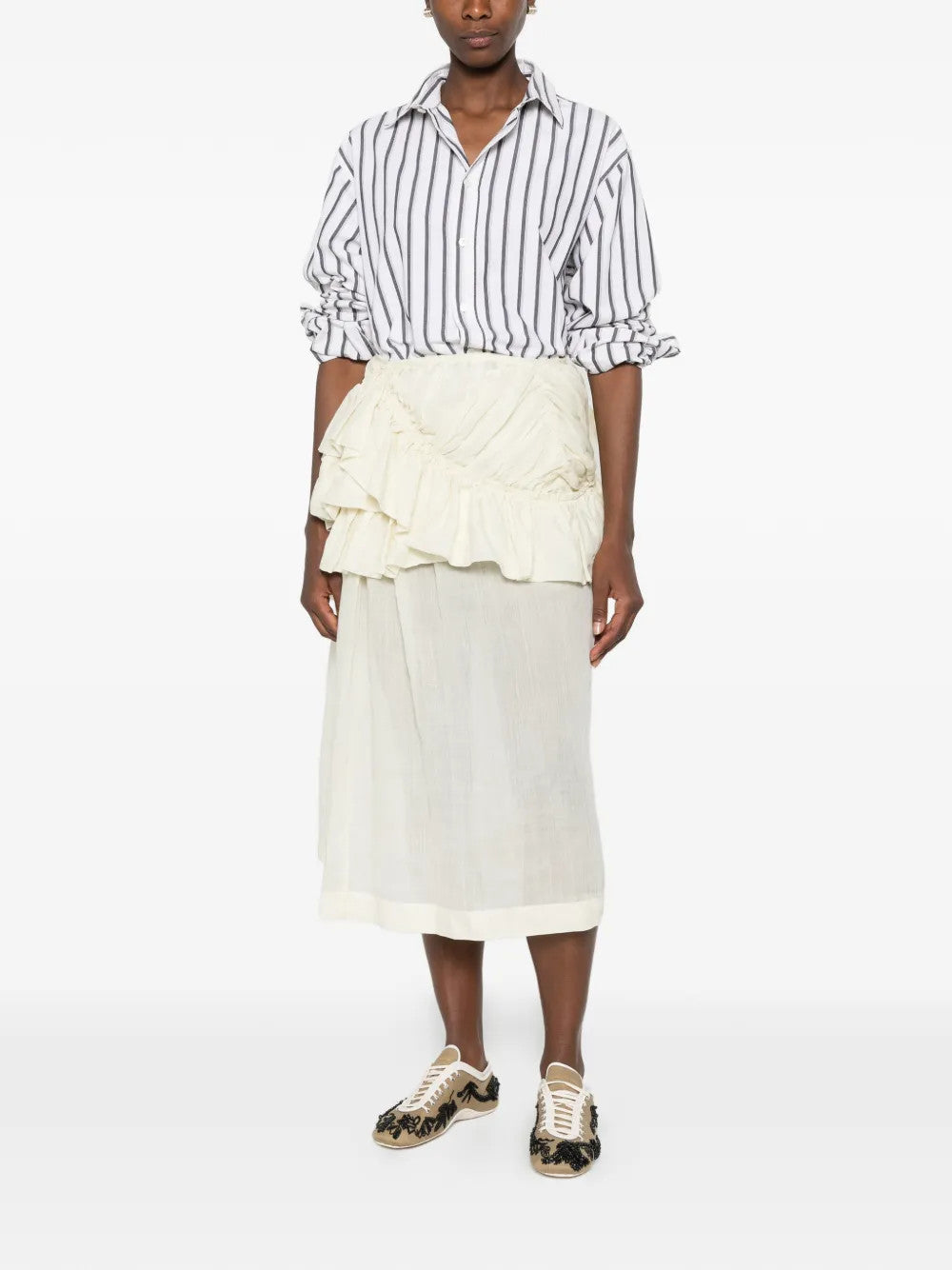 Tan skirt, full body view