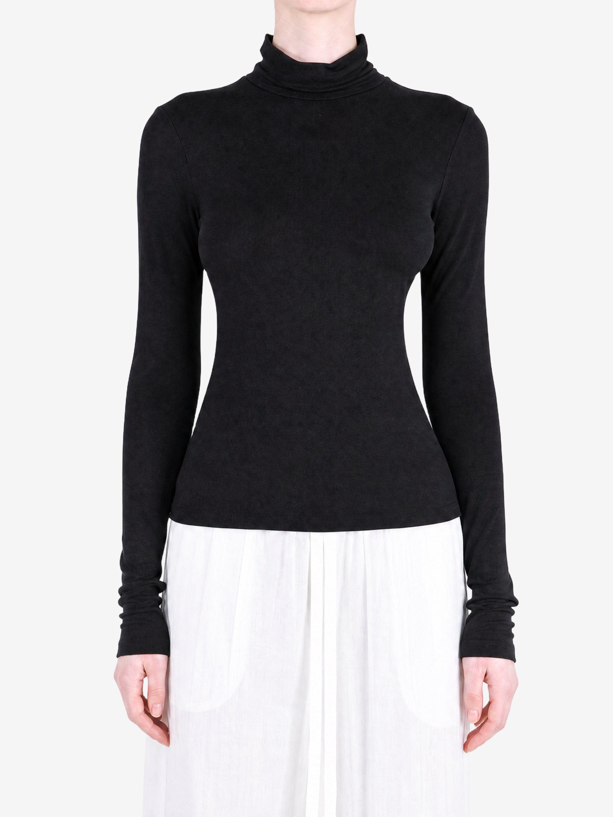 Black t-shirt worn by a person, showing the t-shirt fit