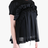 Black t-shirts worn by a person, showing the t-shirts fit