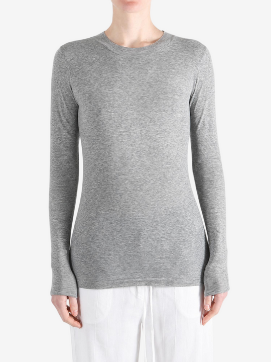 Grey t-shirt worn by a person, showing the t-shirt fit