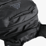 Close up of black backpack, showing texture of the Nylon and Polyester fabric
