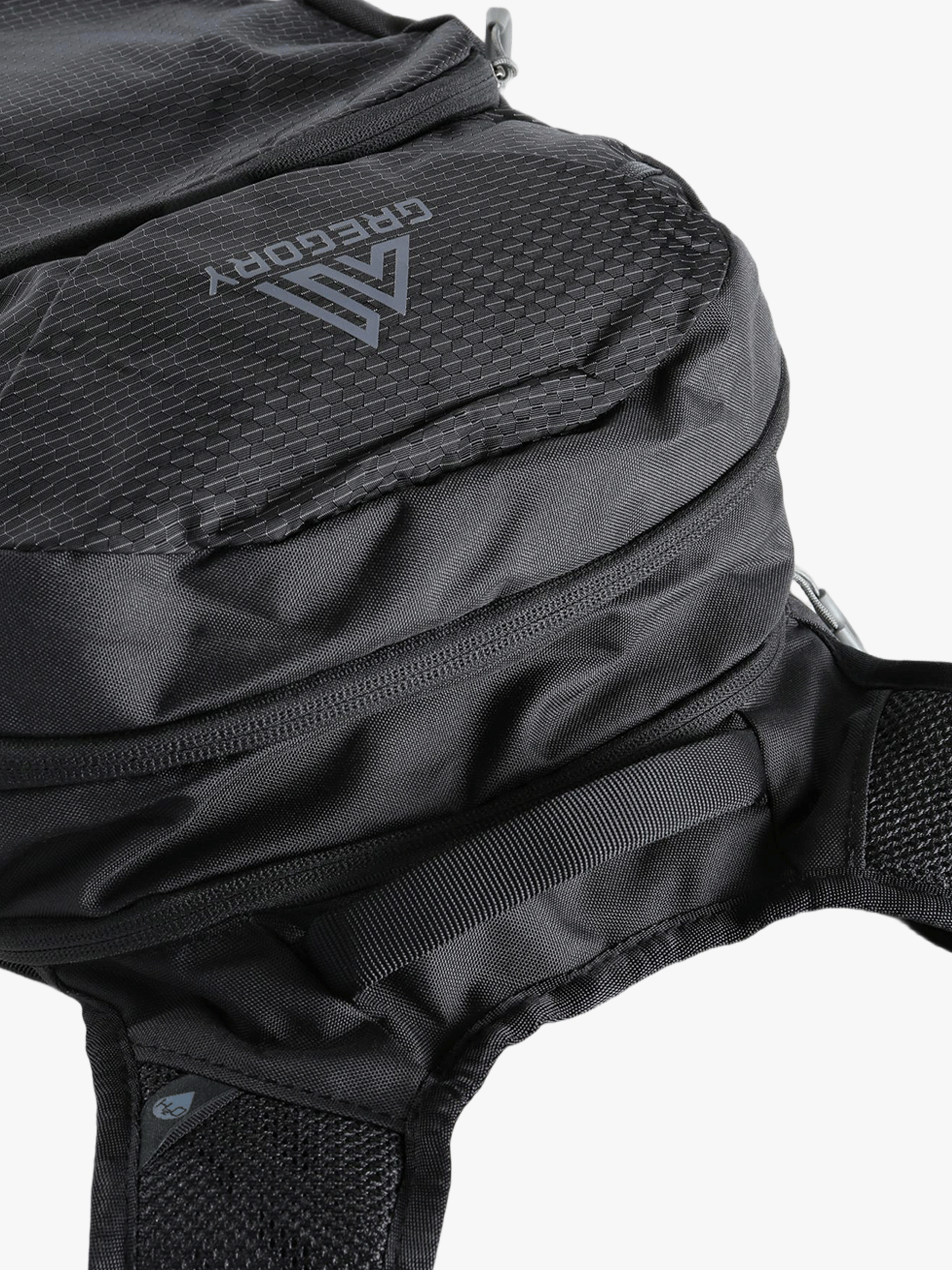 Close up of black backpack, showing texture of the Nylon and Polyester fabric