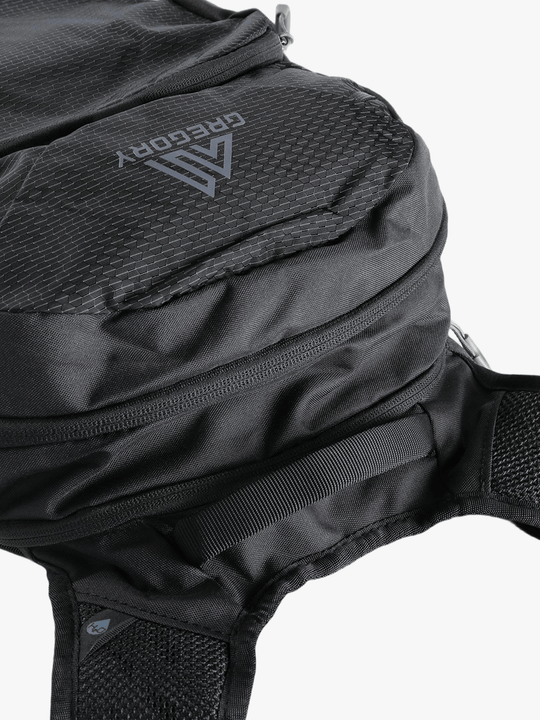 Close up of black backpack, showing texture of the Nylon and Polyester fabric