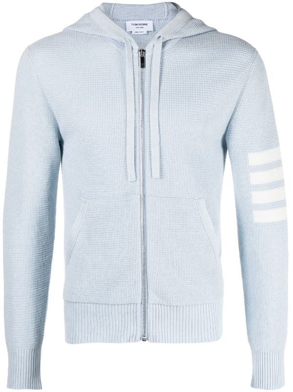 THOM BROWNE Men Textured Stitch Relaxed Fit Zip Up Hoodie In Linen Cotton Blend W/4 Bar Stripes Intarsia