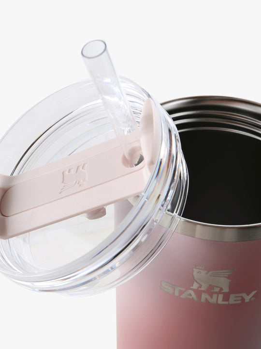 Close up of pink tumbler, showing texture of the stainless steel fabric