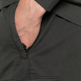 Close up of grey pants,showing texture of the cotton fabric.