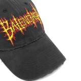 Close up of black cap, showing the logo detail