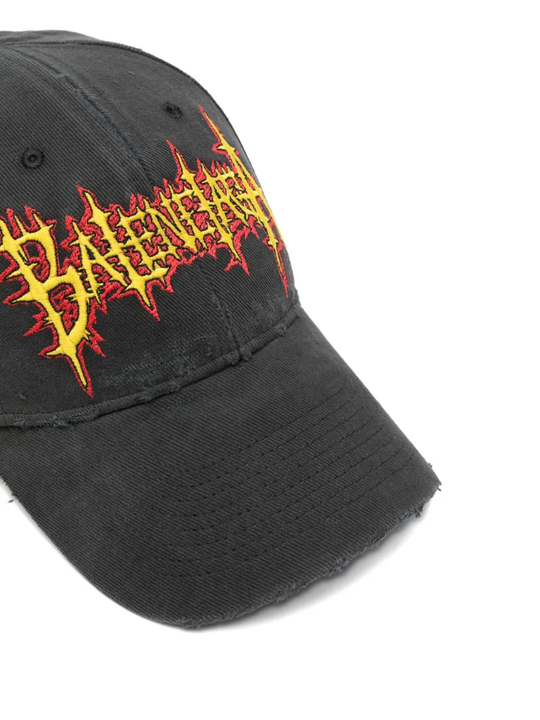 Close up of black cap, showing the logo detail