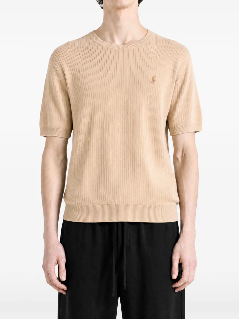 Tan hoodie, full body view