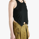 Black top worn by a person, showing the top's fit