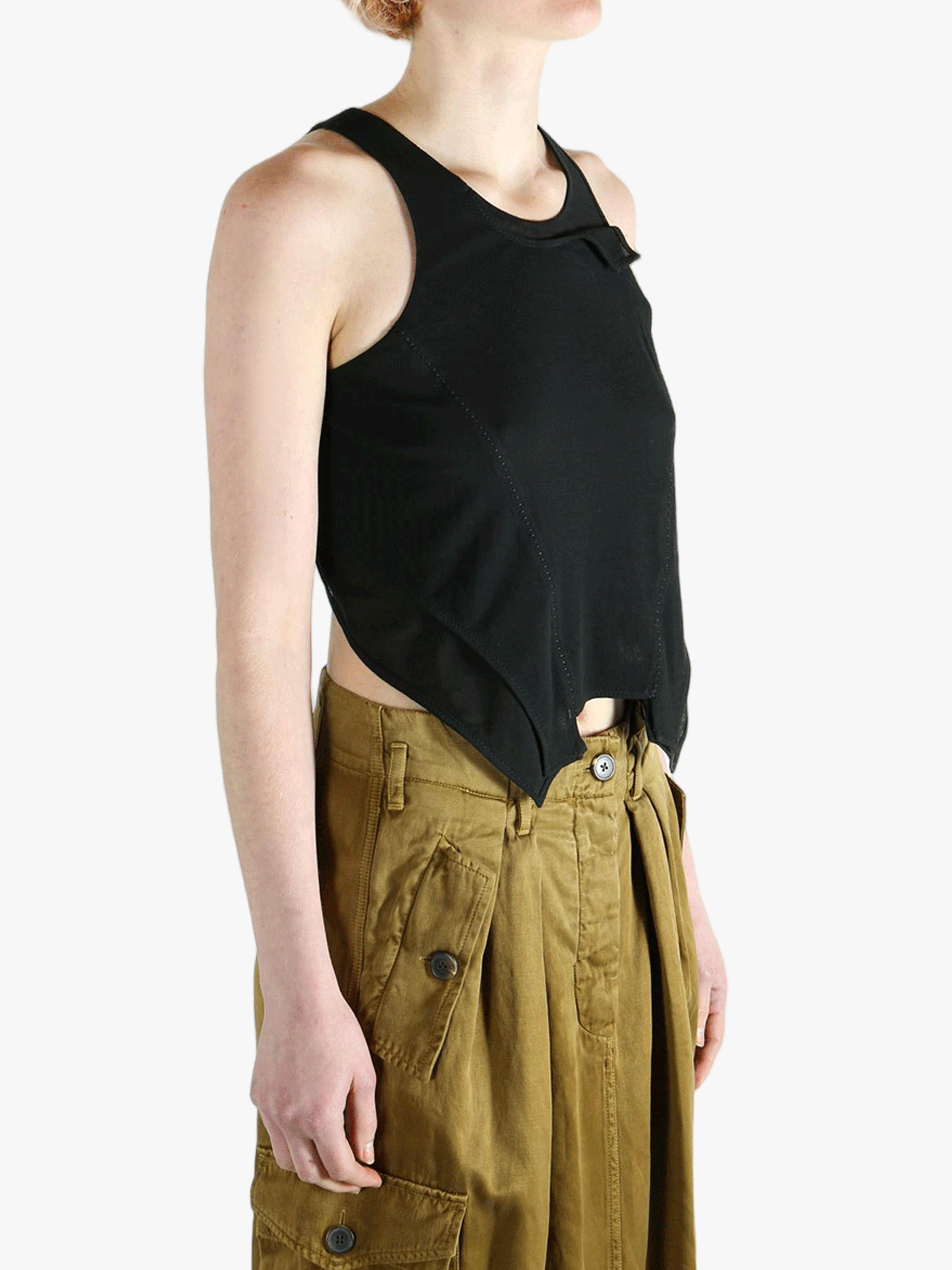 Black top worn by a person, showing the top's fit