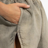 Close up of Grey shorts, showing texture of the 100% cotton fabric
