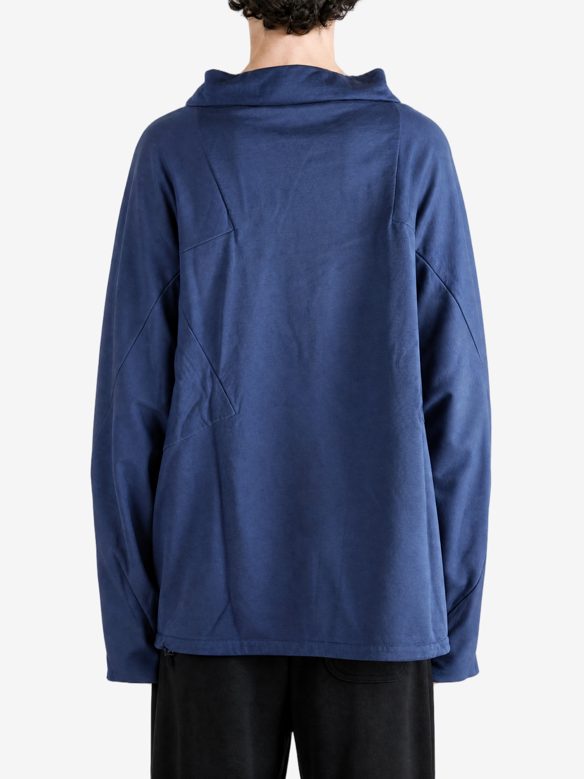 Navy hoodie, full body view