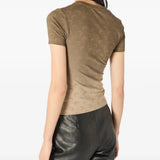 Brown t-shirt worn by a person, showing the t-shirt fit