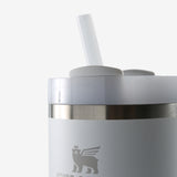 Close up of grey tumbler, showing texture of the stainless steel fabric