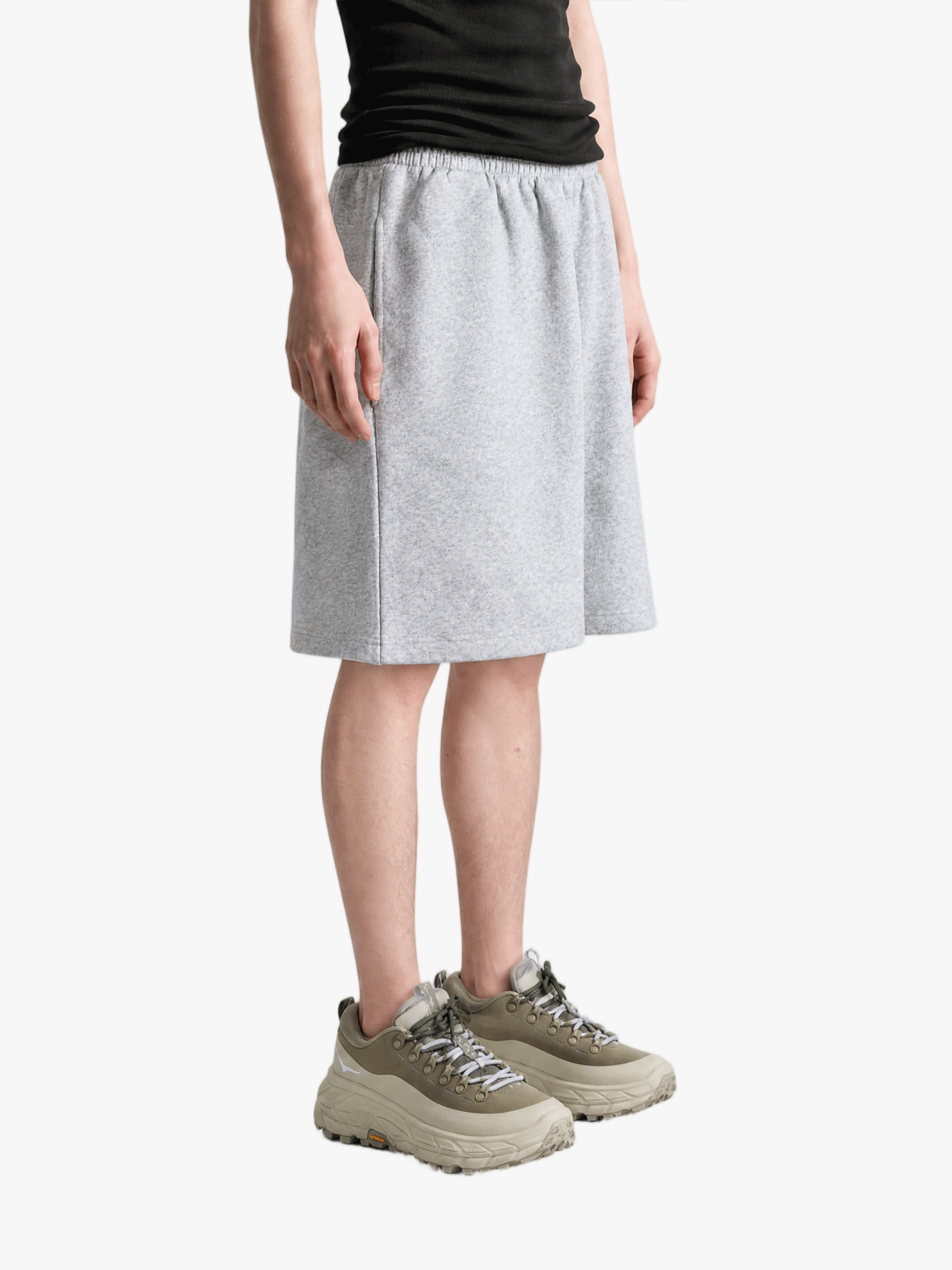 Grey shorts, full body view