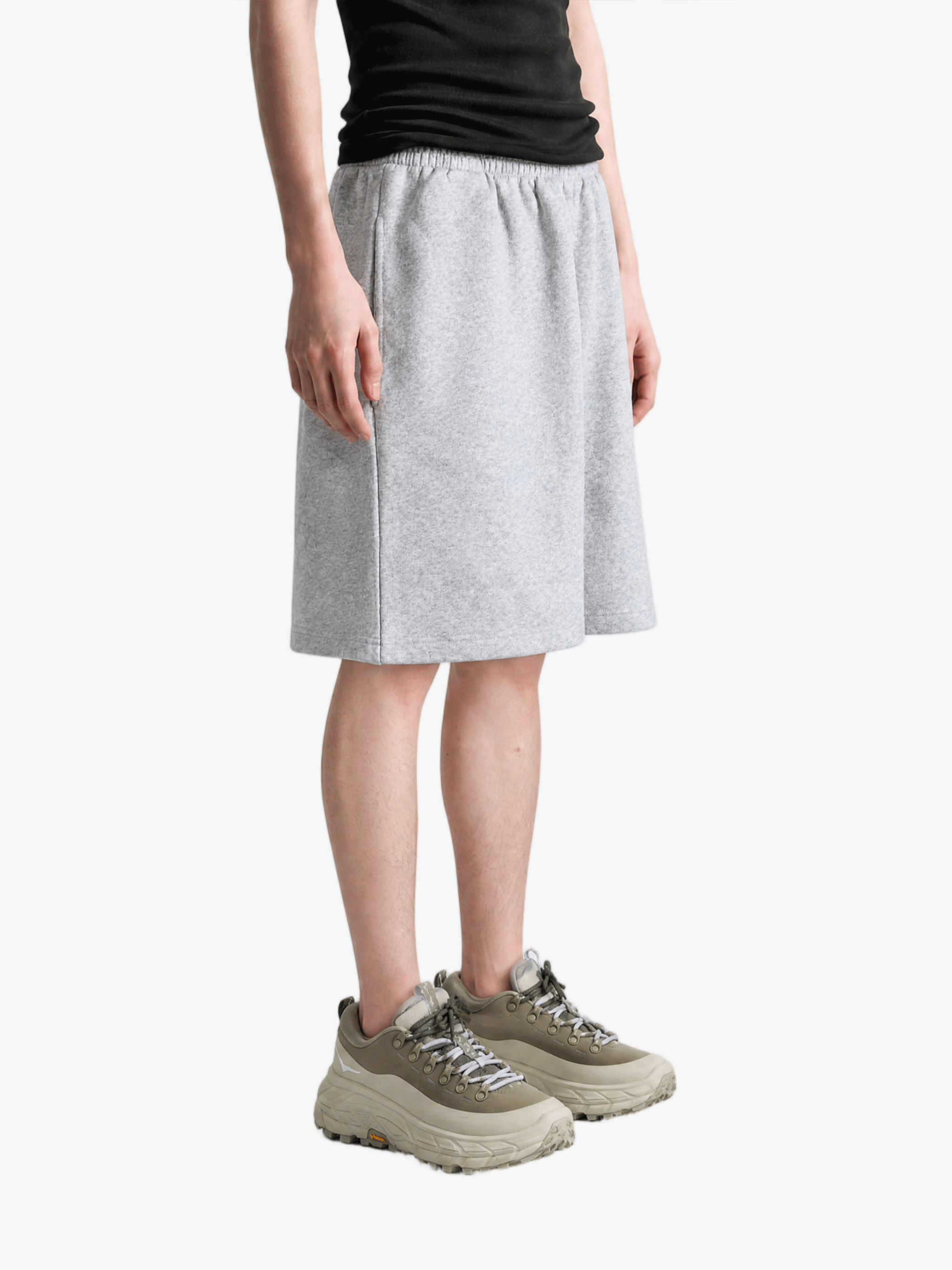 Grey shorts, full body view