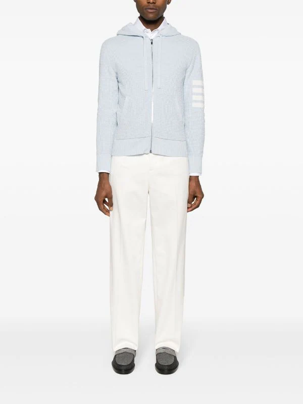 THOM BROWNE Men Textured Stitch Relaxed Fit Zip Up Hoodie In Linen Cotton Blend W/4 Bar Stripes Intarsia