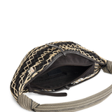 Close up of black bag showing, texture of the Polyester and Lamb Skin fabric