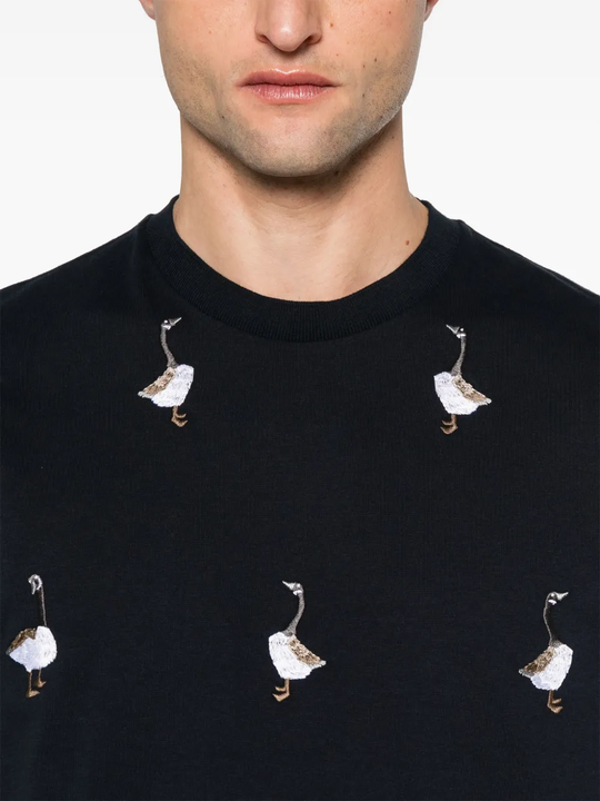 Close up of the blue t-shirt, showing texture of the cotton fabric