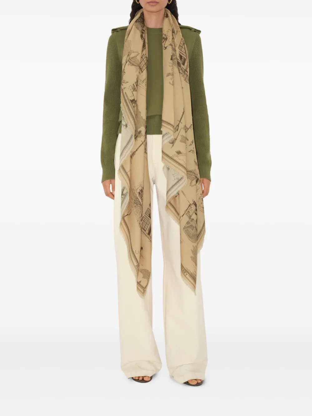 Tan scarf worn by a person, showing the scarf fit