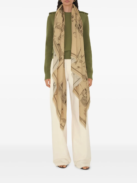 Tan scarf worn by a person, showing the scarf fit