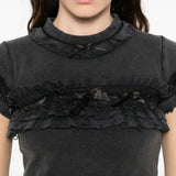Close up of black t-shirts, showing texture of the fabric