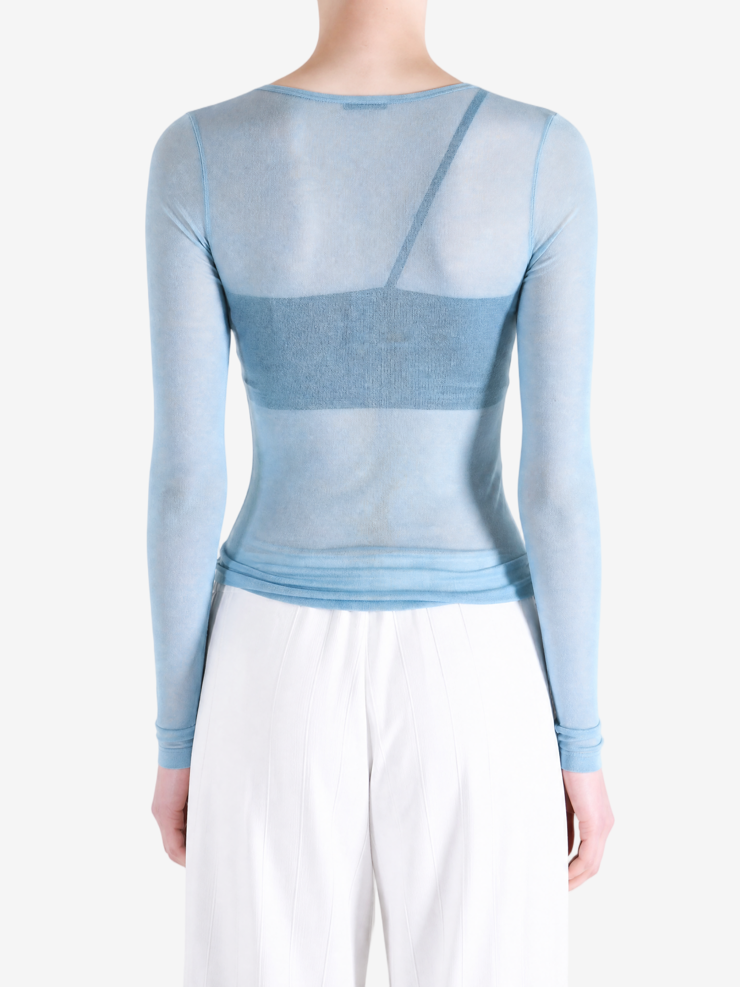 Blue top, full body view