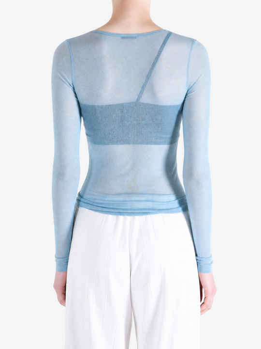 Blue top, full body view