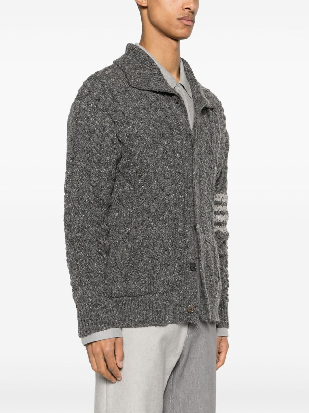 THOM BROWNE - Men Mixed Cable Stitch Mock Neck Cardigan In Donegal