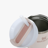 Close up of pink tumbler, showing texture of the steel fabric