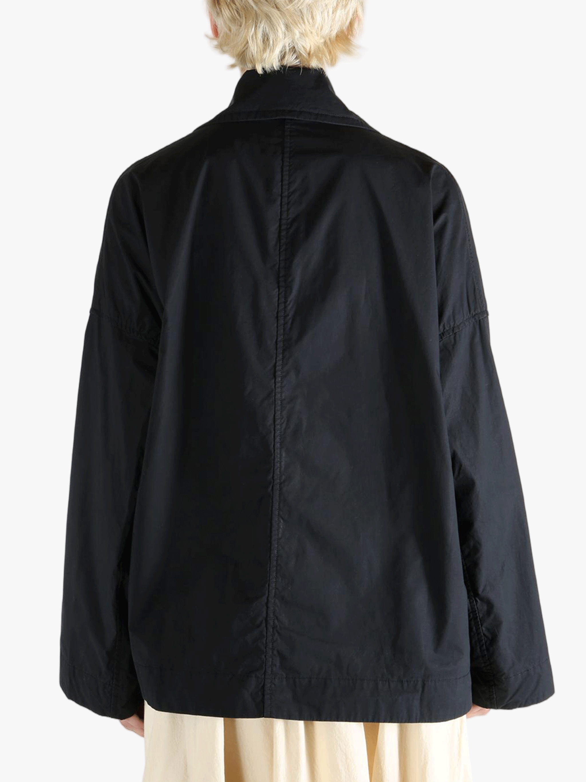 Black jacket worn by a person, showing the jacket fit