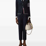 Navy cardigan, full body view