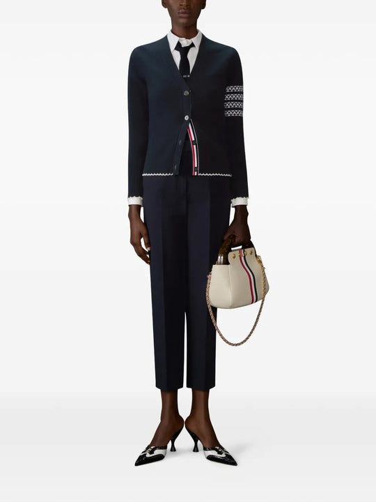 Navy cardigan, full body view