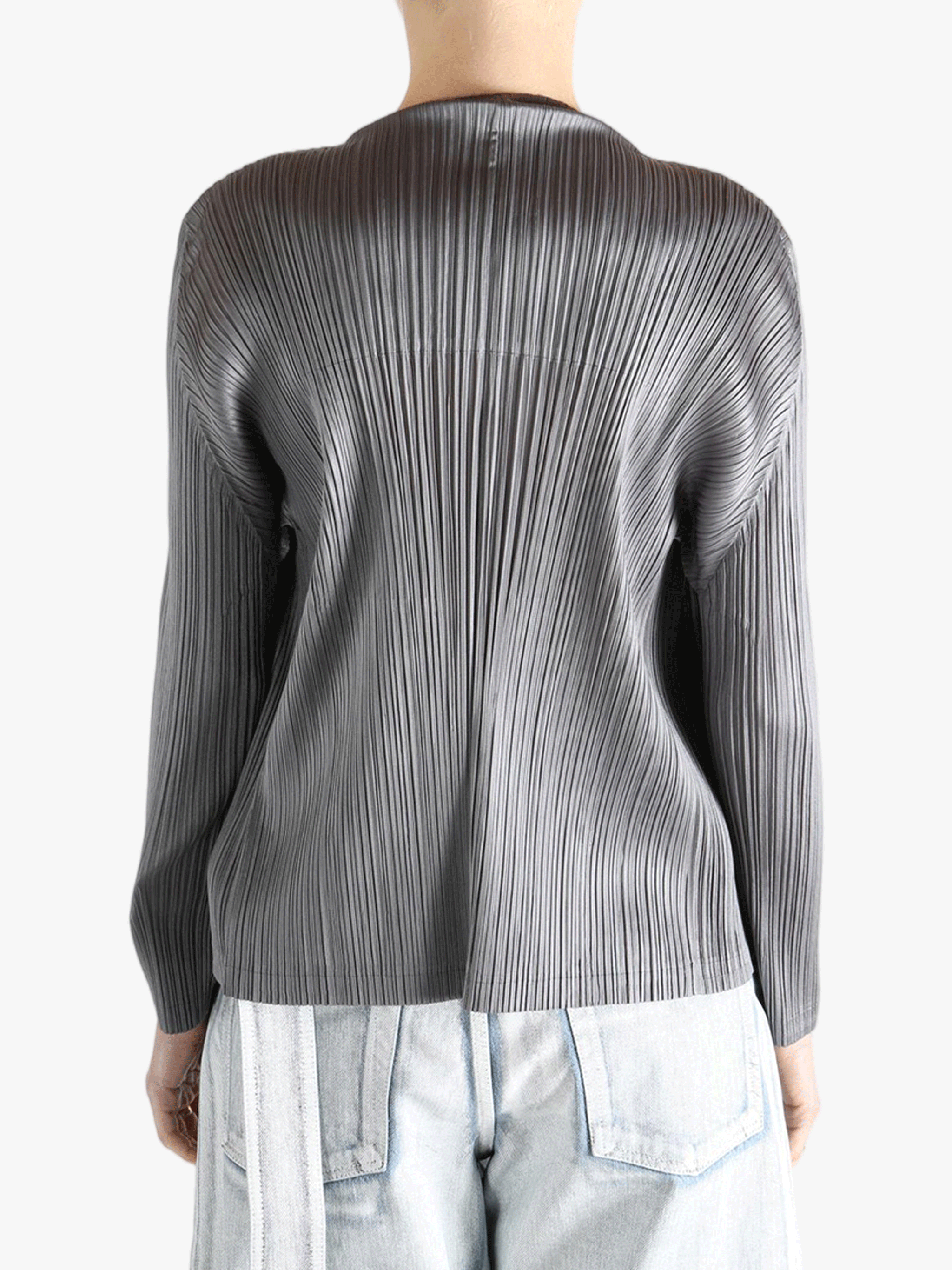 Grey cardigan worn by a person, showing the cardigan's fit