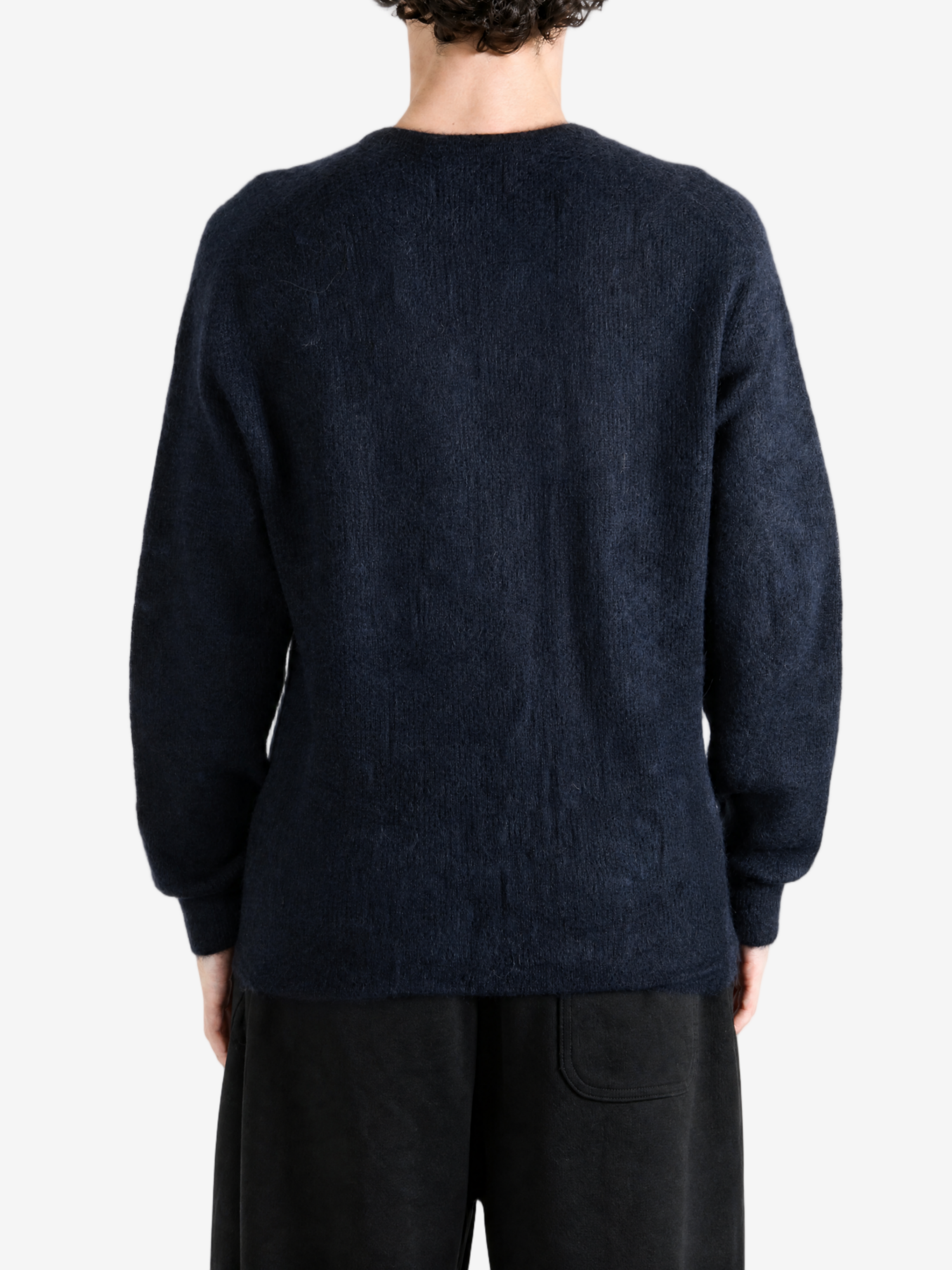 Navy top, full body view